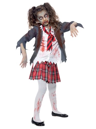 Zombie School Girl Costume, Grey, with Skirt, Jacket, Mock Shirt & Tie, (L) von Smiffys