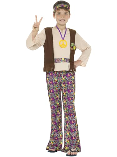 Hippie Boy Costume, Multi-Coloured, with Top, Attached Waistcoat, Trousers, Medallion & Headband (S) von Smiffys