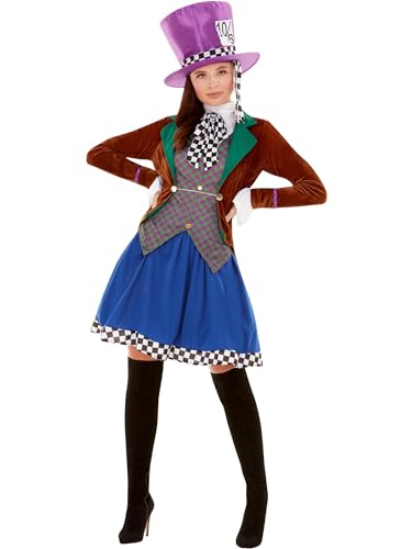 Miss Hatter Costume, Multi-Coloured, with Jacket, Attached Waistcoat, Skirt & Hat (S) von Smiffys