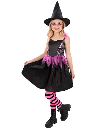 Smiffys Regenbogen-Netz-Hexenkostüm mit Kleid & Hut, Halloween-Kinder-Verkleidung, Hexen-Kostüm von Smiffys