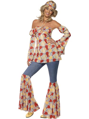 Smiffys 70er Jahre Vintage Hippie Kostüm, Mehrfarbig, mit Neckholder-Oberteil, Ärmel, Schlaghosenbeine & Stirnband von Smiffys