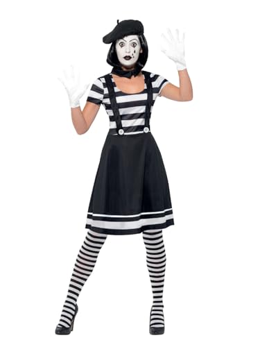 Lady Mime Artist Costume, Black, Dress, Collar, Beret, Gloves, Tights & Make-Up (S) von Smiffys