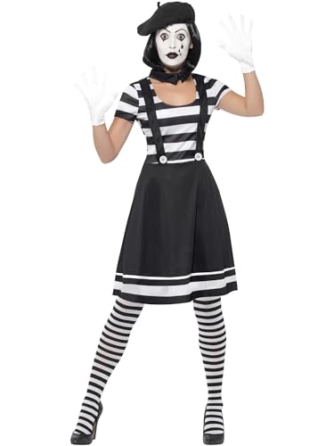 Lady Mime Artist Costume, Black, Dress, Collar, Beret, Gloves, Tights & Make-Up, (M) von Smiffys