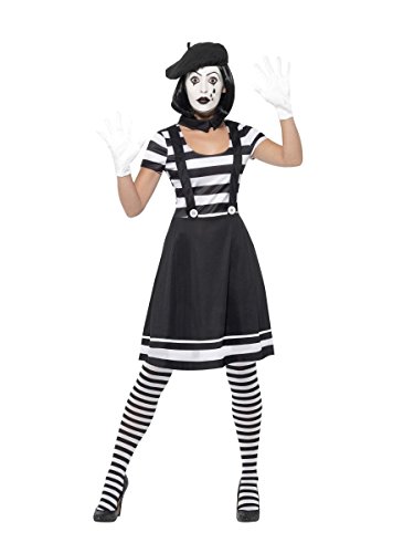 Lady Mime Artist Costume, Black, Dress, Collar, Beret, Gloves, Tights & Make-Up, (M) von Smiffys