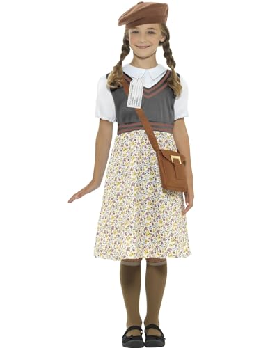Smiffys Evakuiertes-Schulmädchen-Kostüm, Grau, mit Kleid, Mütze, Namensschild und Tasche von Smiffys