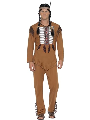 Smiffys Indianer-Krieger-Kostüm von amerikanischen Ureinwohnnern inspiriert, braun mit Oberteil Hose Kopfschmuck von Smiffys