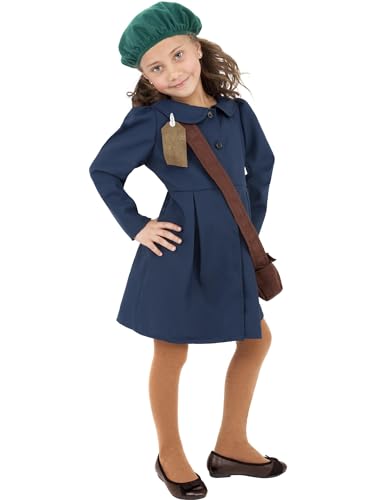 Smiffys Zweiter Weltkrieg, Evakuiertes Mädchen Kostüm, Blau, mit Kleid, Mütze und Tasche von Smiffys