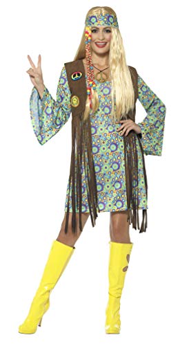 60s Hippie Chick Costume, Multi-Coloured, with Dress, Attached Waistcoat, Medallion & Headband, (L) von Smiffys