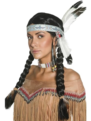 Smiffys Indianerin Perücke von amerikanischen Ureinwohnnern inspiriert, mit geflochtenen Zöpfen und Feder-Stirnband von Smiffys