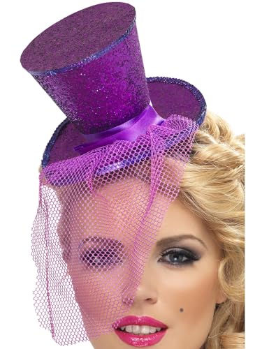 Fever Mini Top Hat on Headband, Purple, with Detachable Netting von Smiffys