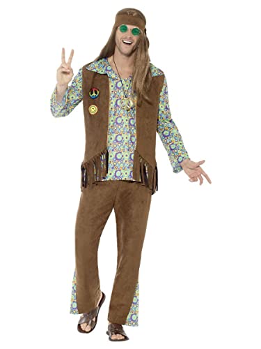 Smiffys Herren 60er Jahre Hippie Kostüm, Hose, Oberteil, Weste, Medaillon und Haarband, Größe: M, 43126 von Smiffys