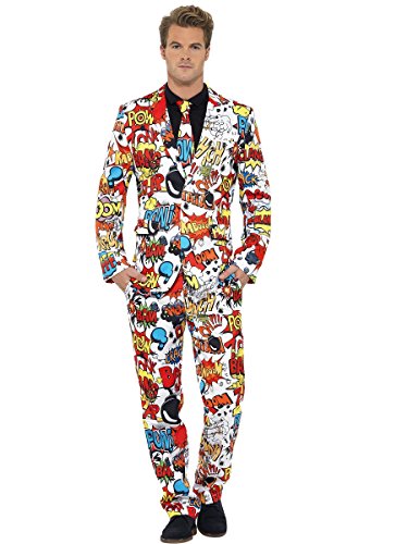 Smiffys, Herren Comic Strip Anzug Kostüm, Jacke, Hose und Krawatte,Mehrfarbig (Red & White) Gr.- L, 43526 von Smiffys