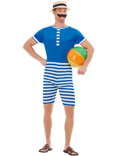 20s Bathing Suit Costume, Blue & White, with Short Jumpsuit, Hat & Moustache (M) von Smiffys
