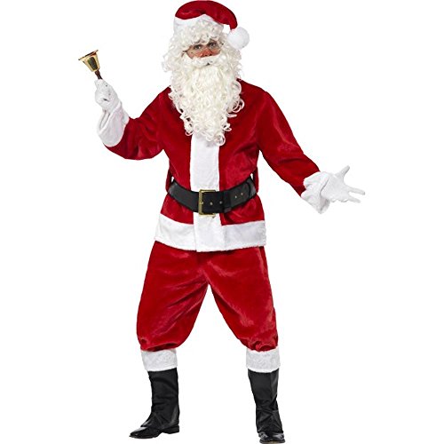 Smiffys 25963 - Herren Plüsch Santa Kostüm, Jacke, Hose, Gürtel, Mütze, Handschuhe und Überstiefel, Größe: One Size, rot von Smiffys