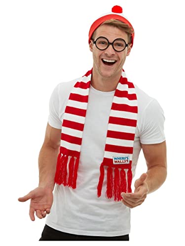 Where's Wally? Kit, Red & White, with Hat, Knitted Scarf & Glasses von Smiffys