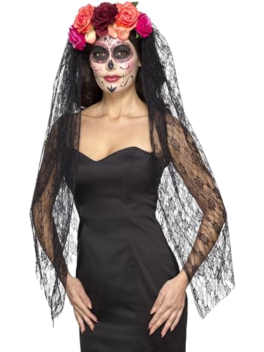 Deluxe Day of the Dead Headband, Red & Black, with Roses & Veil von Smiffys