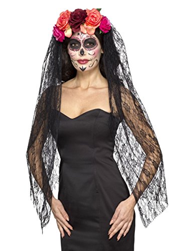 Deluxe Day of the Dead Headband, Red & Black, with Roses & Veil von Smiffys