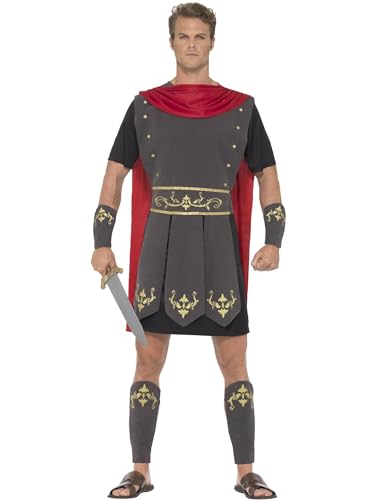 Smiffys Römischer Gladiator Kostüm, Schwarz, mit Tunika, befestigtem Umhang, Arm- & Beinstulpen von Smiffys