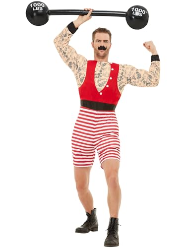 Deluxe Strongman Costume, Red & White, with Short Jumpsuit & Moustache, (L) von Smiffys