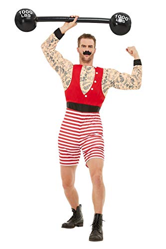 Deluxe Strongman Costume, Red & White, with Short Jumpsuit & Moustache, (XL) von Smiffys