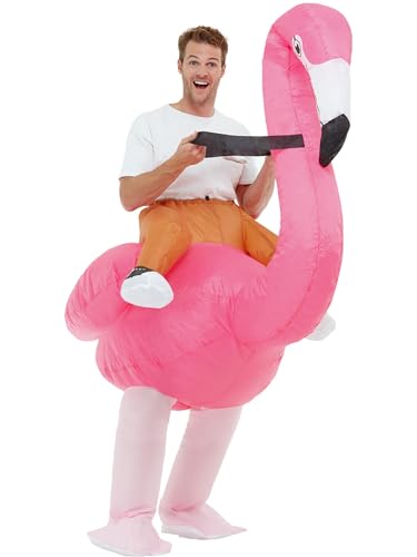 Inflatable Ride Em Flamingo Costume, Pink, with Oversized Bodysuit & Self Inflating Fan von Smiffys