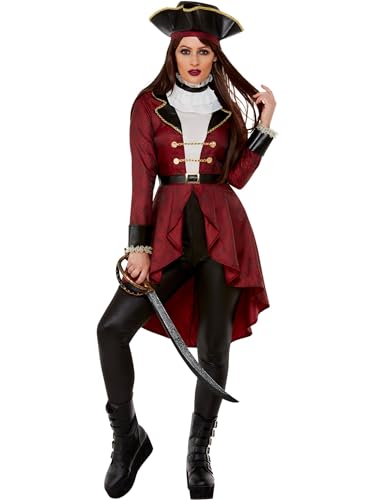 Deluxe Swashbuckler Pirate Costume, Burgundy, Jacket, Leggings, Neck Ruffle & Hat (S) von Smiffys