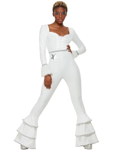 70s Deluxe Glam Costume, White, Ruffled Jumpsuit (XS) von Smiffys