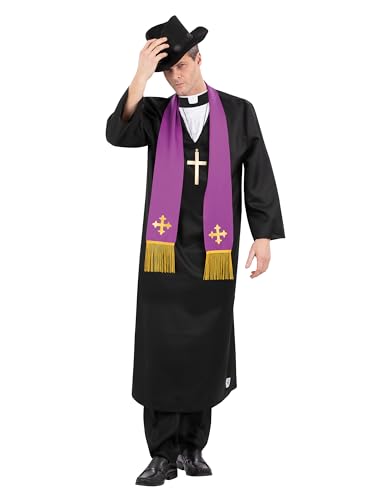 Smiffys The Exorcist, Pater Merrin, Priesterkostüm, Robe mit eingesetztem Kragen, Stola, Kreuz-Halskette und Hut von Smiffys