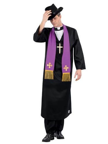 Smiffys The Exorcist, Pater Merrin, Priesterkostüm, Robe mit eingesetztem Kragen, Stola, Kreuz-Halskette und Hut von Smiffys