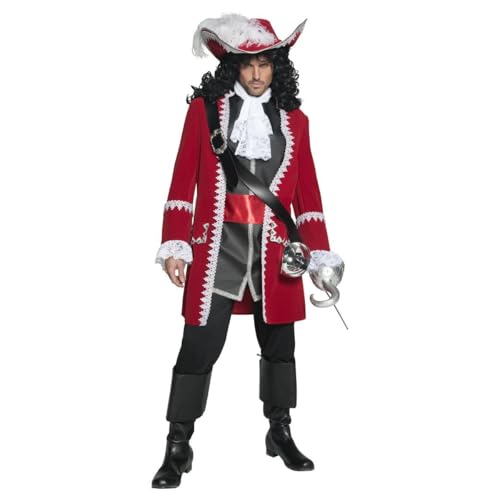 Smiffys Authentisches Deluxe-Piraten-Kostüm, rote Jacke, Hose, Oberteil mit angenähter Schärpe und Krawatte, Piraten-Kostüm, Piratenkostüme von Smiffys