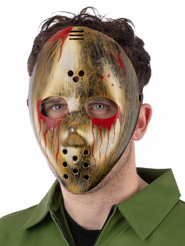 Smiffys Blutige metallische Hockey-Maske auf elastischem Horror-Kostüm-Zubehör, Gold-Finish, gruselige Halloween-Kostümmaske für Erwachsene von Smiffys