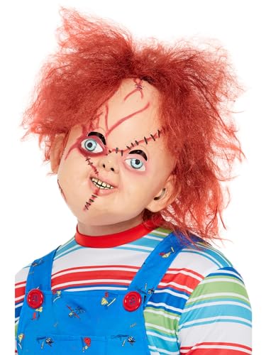 Smiffys Chucky-Latexmaske, Braun, Bedeckt den ganzen Kopf, Stickverzierung von Smiffys