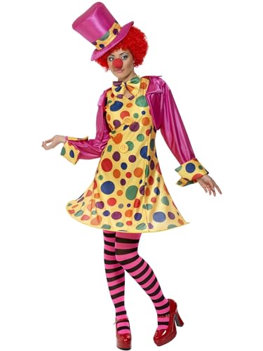 Smiffys Clown Damenkostüm, Mehrfarbig, Reifkleid, Hemd, Fliege, Gestreifte Strumpfhose, Hut von Smiffys