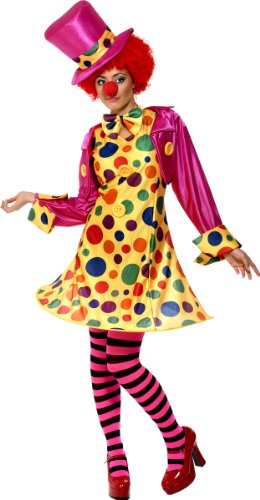 Smiffys 32882S Damen Clown Kostüm, Reifkleid, Hemd, Fliege, Gestreifte Strumpfhose und Hut, Größe: S, 32882 von Smiffys