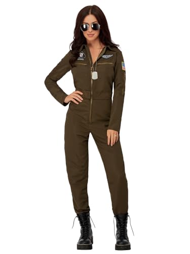 Smiffys Damen Kostüm Top Gun Maverick Aviator Karneval Fasching Gr. L, Farbe - Olivgrün von Smiffys