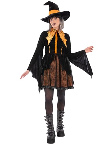 Smiffys Damen Orange Cosplay Spinne Hexe Kostüm mit Kleid und Hut Frauen Halloween Fasching Outfit Gothic Hexe Stil Klein von Smiffys