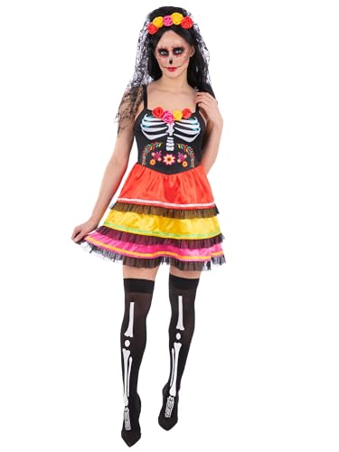 Smiffys Damen Tag der Toten Kostüm mit Kleid und Rose Stirnband Schleier Damen Dia de los Muertos Halloween Fasching Outfit klein von Smiffys