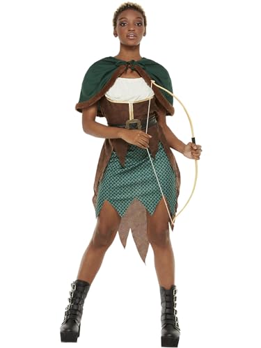 Deluxe Forest Archer Costume, Green, Dress & Hooded Cape (S) von Smiffys