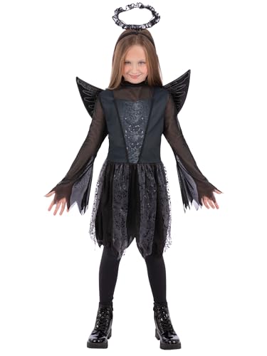 Smiffys Dunkler Engel Halloween-Kostüm für Mädchen, schwarzes gefallenes Engel-Kleid mit Flügeln und Heiligenschein, Gothic-Kostüm, Outfit für Kinder, Süßes oder Saures, Teufelfee, Dämonen-Party-Look von Smiffys