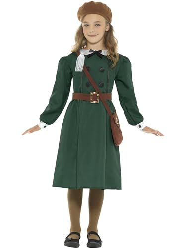 Smiffys Evakuiertes-Mädchen-Kostüm (2. Weltkrieg), Grün, mit Kleid, Mütze, Tasche und Namensschild von Smiffys