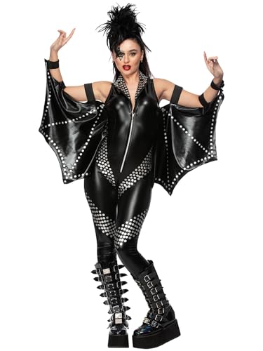 Smiffys Fever Rockstar Jumpsuit Damen Schwarz Kunstleder All-in-One Kostüm mit Nietendetails Fledermausärmel Glam Rock Verkleidung für Halloween Konzerte 80er Party Festival Medium von Smiffys