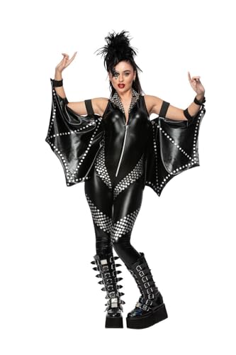 Smiffys Fever Rockstar Jumpsuit Damen Schwarz Kunstleder All-in-One Kostüm mit Nietendetails Fledermausärmel Glam Rock Verkleidung für Halloween Konzerte 80er Party Festival X-Small Smiffys Fever Rockstar Jumpsuit Damen Schwarz Kunstleder All-in-One Kostüm mit Nietendetails Fledermausärmel Glam Rock Verkleidung für Halloween Konzerte 80er Party Festival X-Small von Smiffys