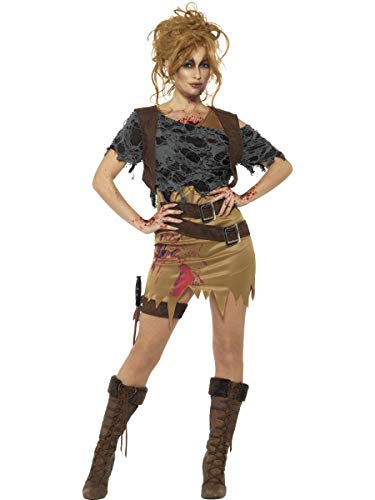Smiffys Halloween Deluxe Zombiejägerin-Kostüm, Braun, mit Kleid, bedruckter Weste, Oberteil, Dolch & Holster von Smiffys