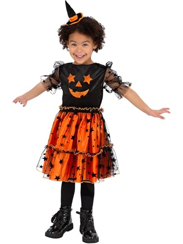 Smiffys Halloween-Kürbis-Kostüm für Mädchen mit orangefarbenem und schwarzem Sternenrock, Glitzergesicht-Design und Mini-Hexenhut-Stirnband, gruseliges Trick-or Treat Outfit für Partys und Schule von Smiffys