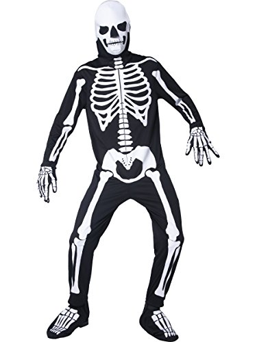 Smiffys Herren Skelett Kostüm, Jumpsuit mit Kapuze, Handschuhe und Überschuhe, Größe: M, 36124 von Smiffys