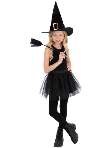 Smiffys Hexen-Kit für Kinder, Halloween-Kostüm, Zubehör-Set für Mädchen, inklusive schwarzem Hexenhut, Tüll-Tutu-Rock und Mini-Besenstiel, ideal für Süßes oder Leckerli-Partys und gruselige von Smiffys