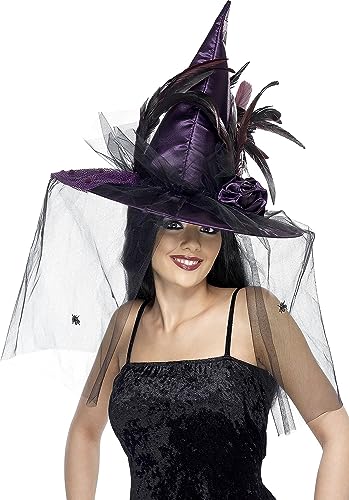 Smiffys Hut Hexe, Purpur, mit Federn und Netz, Deluxe Smiffys Hut Hexe, Purpur, mit Federn und Netz, Deluxe von Smiffys