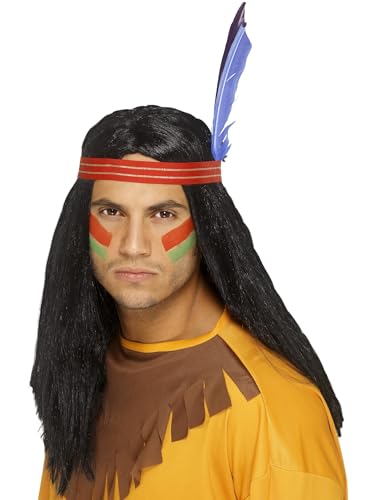 Smiffys Indianer-Perücke von amerikanischen Ureinwohnnern inspiriert, tapferer Indianer, lang, glatt und schwarz, Stirnband und Federn Smiffys Indianer-Perücke von amerikanischen Ureinwohnnern inspiriert, tapferer Indianer, lang, glatt und schwarz, Stirnband und Federn von Smiffys