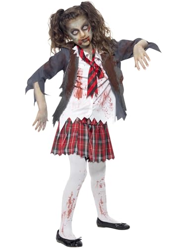 Zombie School Girl Costume, Grey, with Skirt, Jacket, Mock Shirt & Tie, (L) von Smiffys