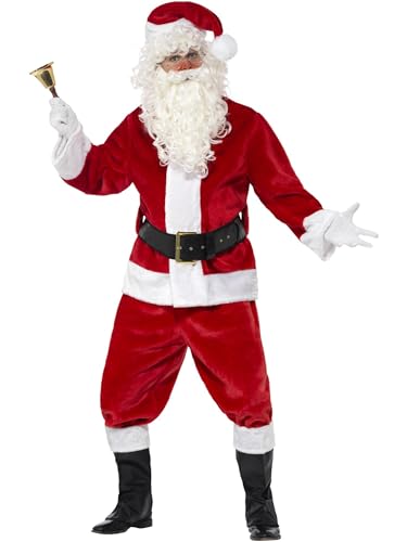 Smiffys Kostüm Weihnachtsmann, Rot, mit Jacke, Hose, Gürtel, Mütze, Handschuhen, Stiefelüberzügen, Deluxe von Smiffys